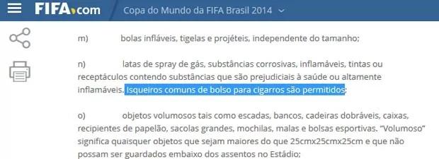 Lista de itens proibidos pela Fifa nos estádios inclui tablet e balões