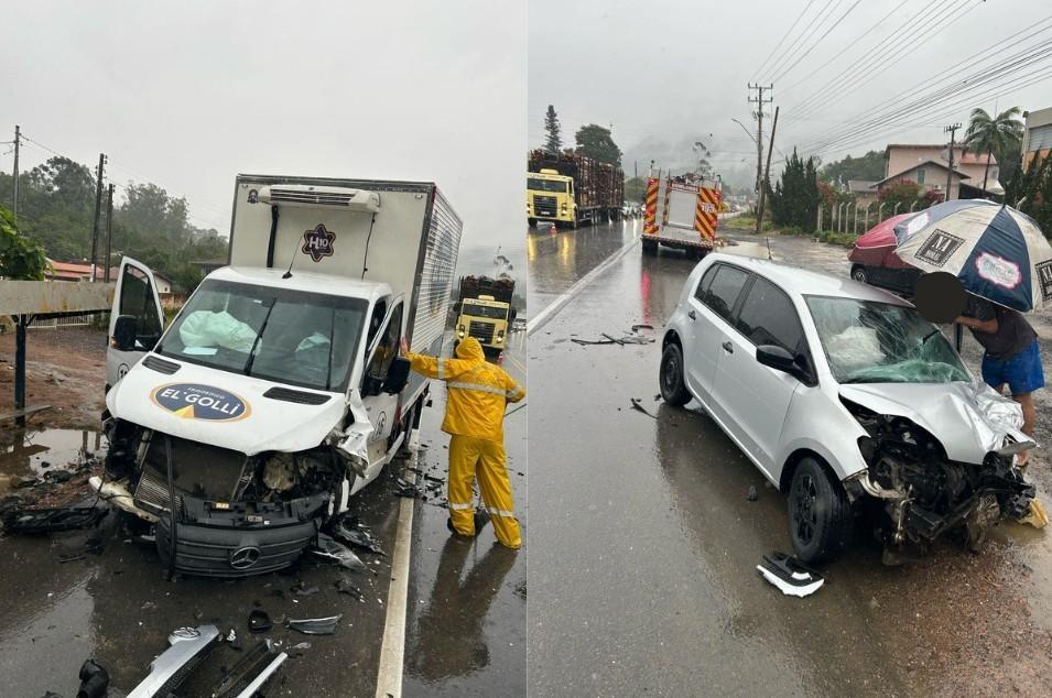 Acidente entre moto, carro e caminhão deixa dois feridos na SC-350 em Rio do Sul