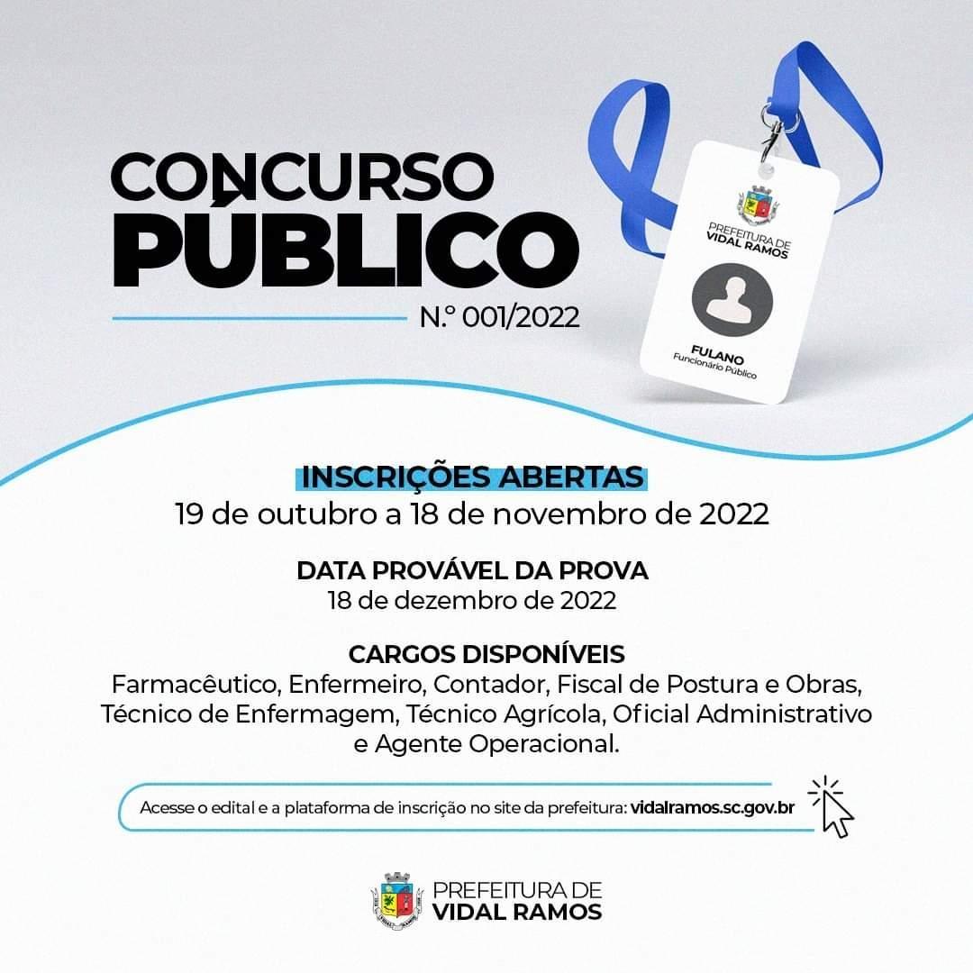 Administração de Vidal Ramos promove concurso público