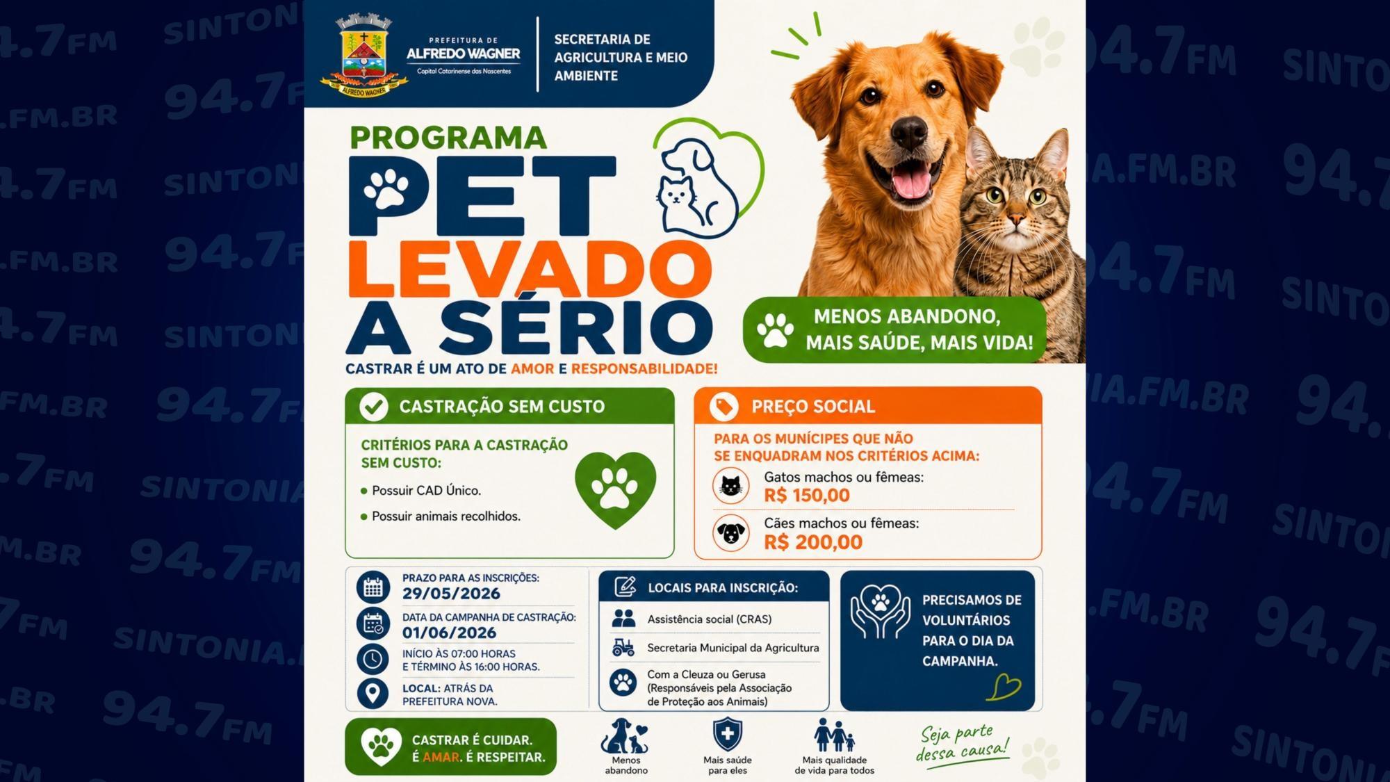 Alfredo Wagner abre inscrições para castração de cães e gatos pelo programa “Pet Levado a Sério”