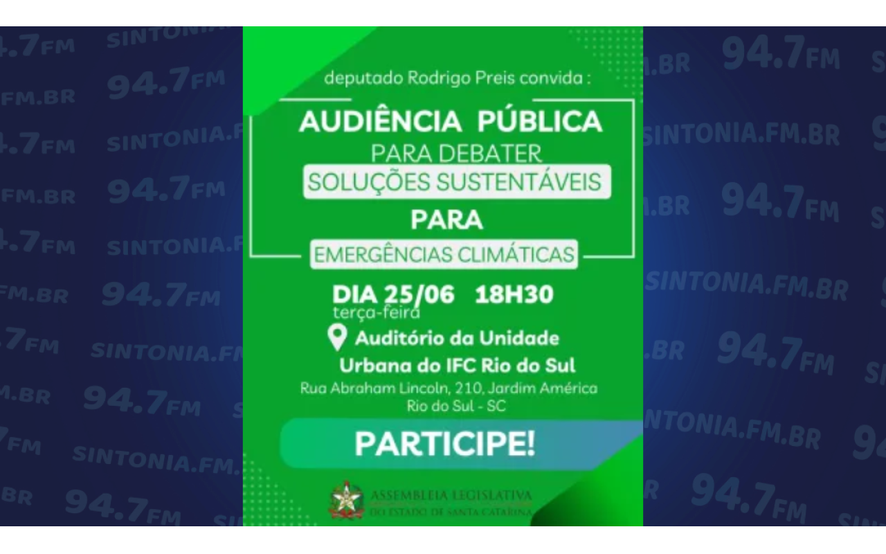 Assembléia Legislativa realizará uma audiência pública com o objetivo de discutir possíveis soluções sustentáveis para emergências climáticas.