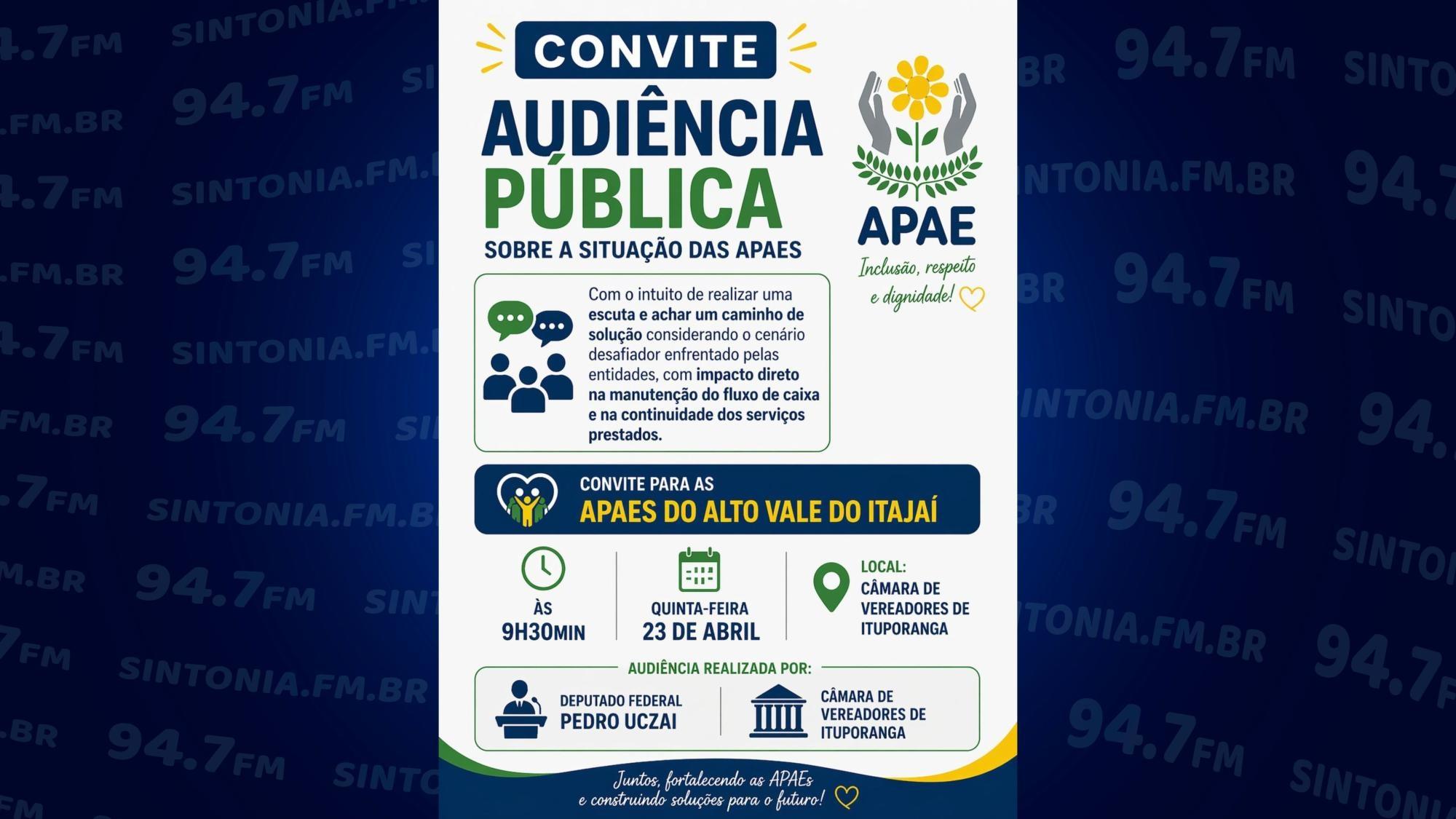 Audiência pública sobre APAEs do Alto Vale será realizada nesta quinta-feira (23) em Ituporanga