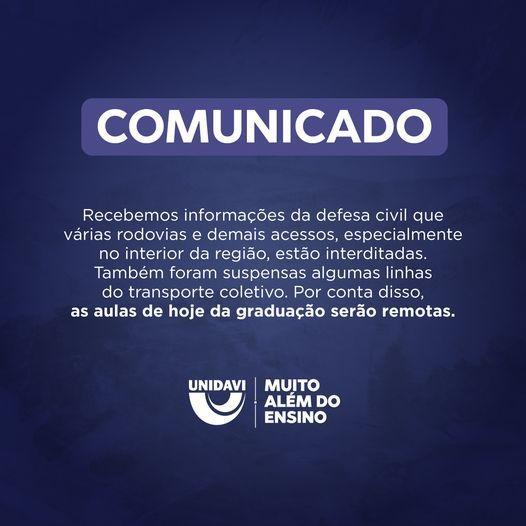 Aulas da graduação de hoje da Unidavi serão remotas