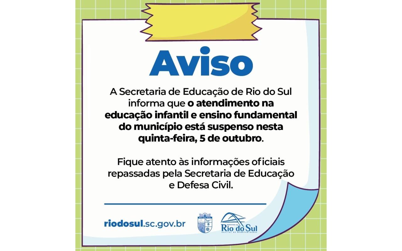 Aulas da rede municipal de ensino em Rio do Sul são suspensas nesta quinta-feira (05)
