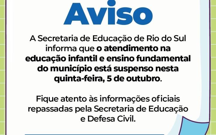 Aulas da rede municipal de ensino em Rio do Sul são suspensas nesta quinta-feira (05)