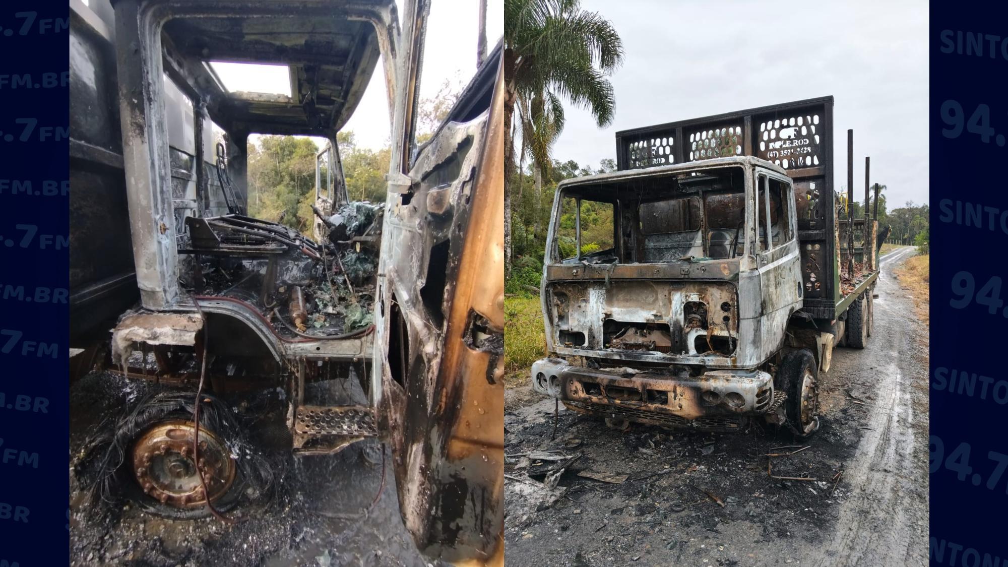 Cabine de caminhão é destruída por incêndio em Vidal Ramos