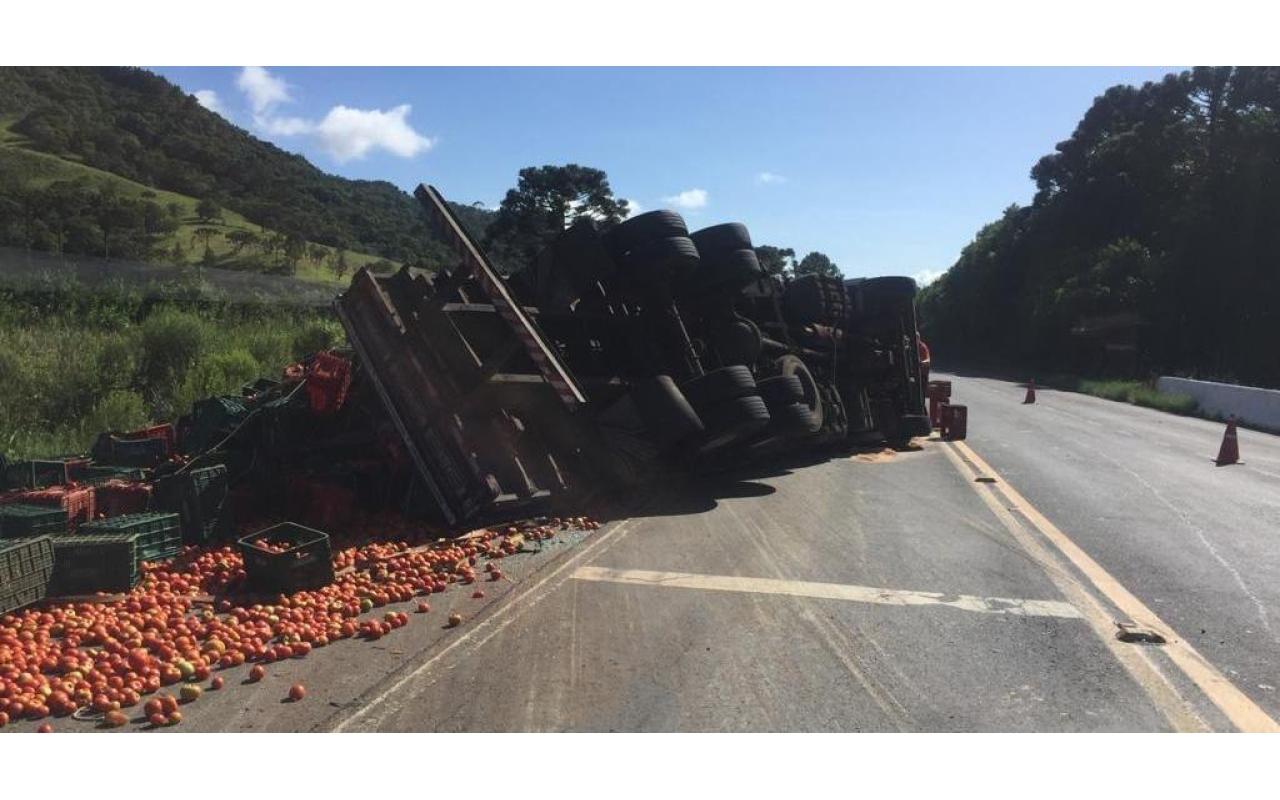 Caminhão carregado de tomates tomba em rodovia em Bom Retiro
