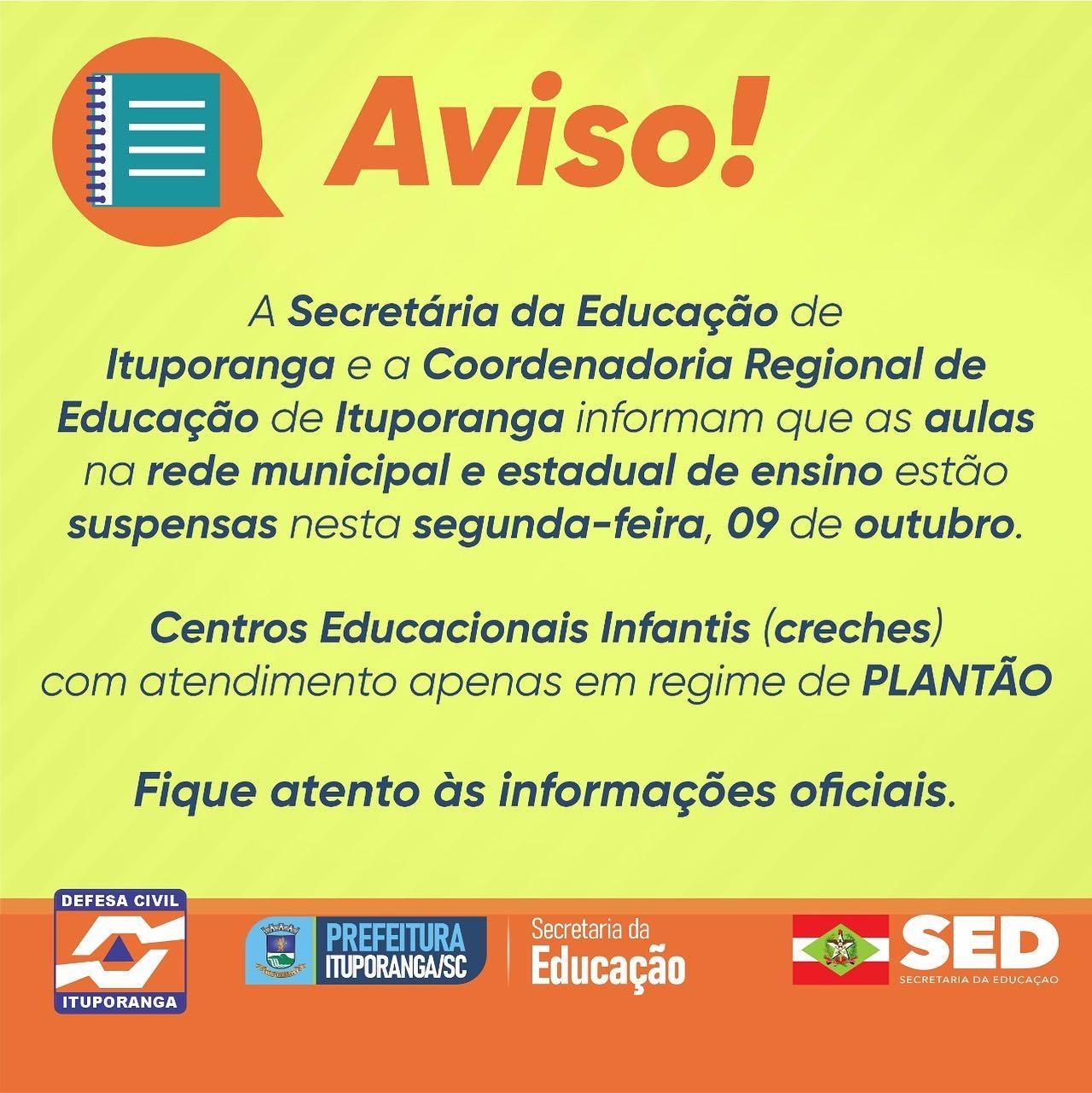 Canceladas as aulas em Ituporanga