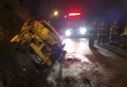 Carro atropela e mata bezerro,  sai da pista, bate em barranco e pega fogo