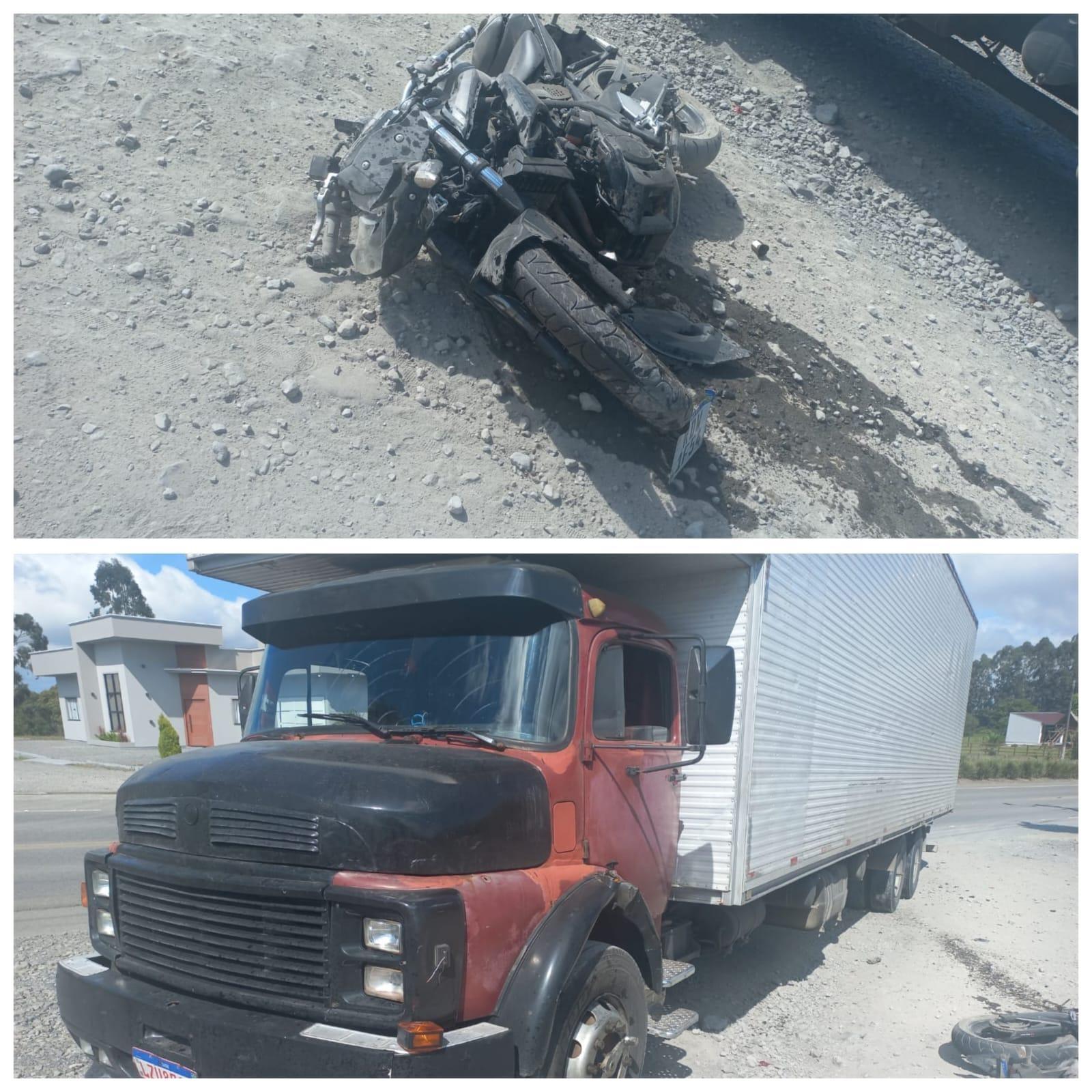 Colisão entre caminhão e moto deixa jovem ferida na SC-110 em Vidal Ramos
