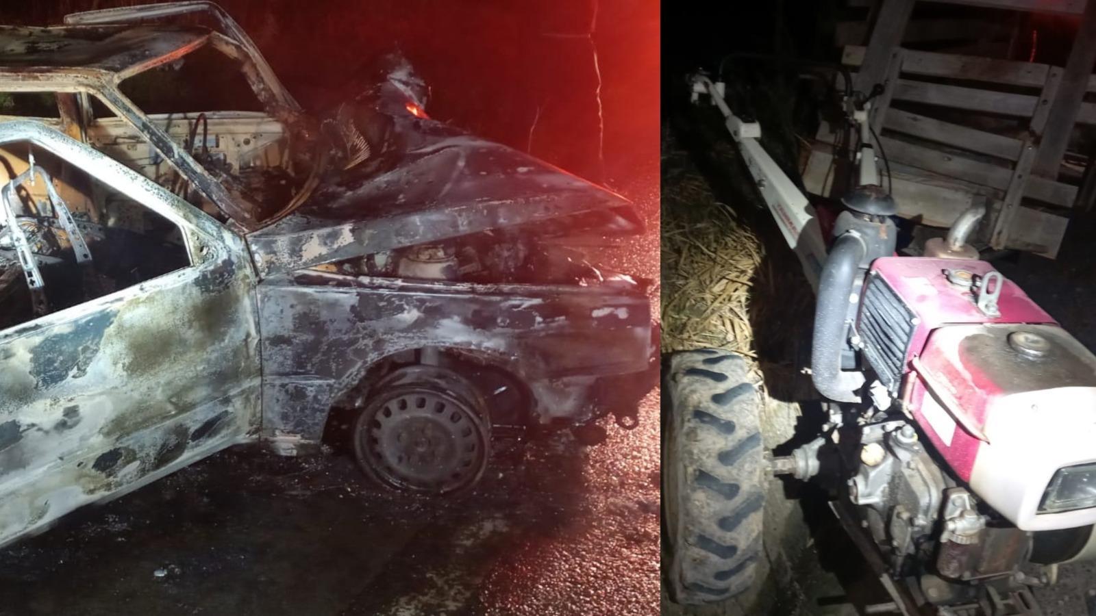 Colisão entre carro e microtrator deixa feridos e termina em incêndio em Imbuia