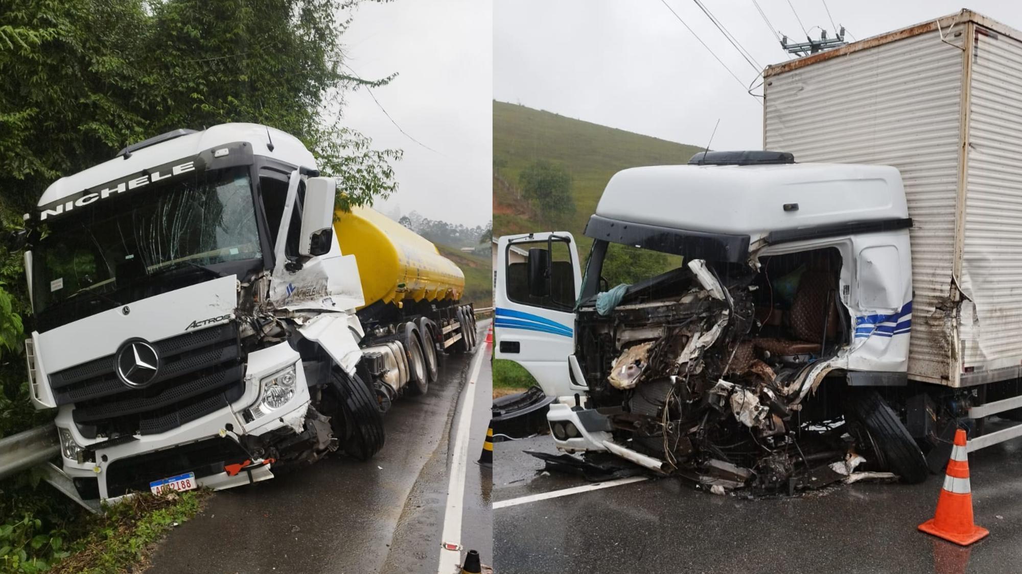 Colisão entre quatro caminhões deixa motorista preso às ferragens no Alto Vale