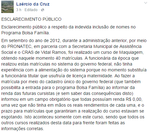 VIDAL RAMOS - Administração emite nota oficial e esclarece equívoco na inscrição de beneficiários do Bolsa Família