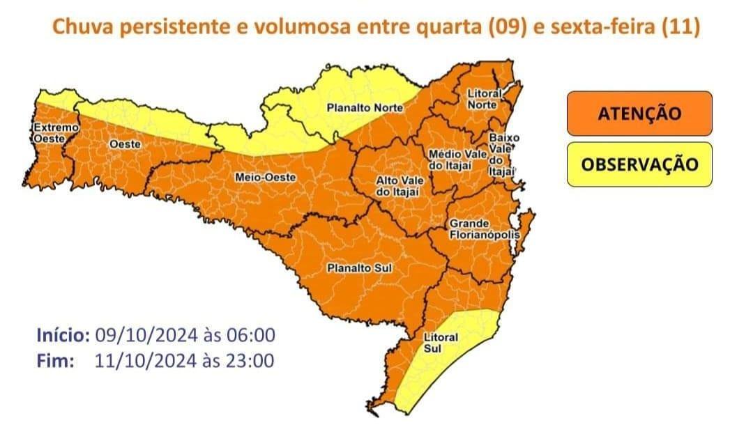 Defesa Civil emite alerta de chuva volumosa para o Alto Vale