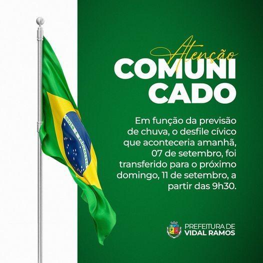 Desfile cívico de Vidal Ramos foi transferido de quarta (7) para domingo (11)
