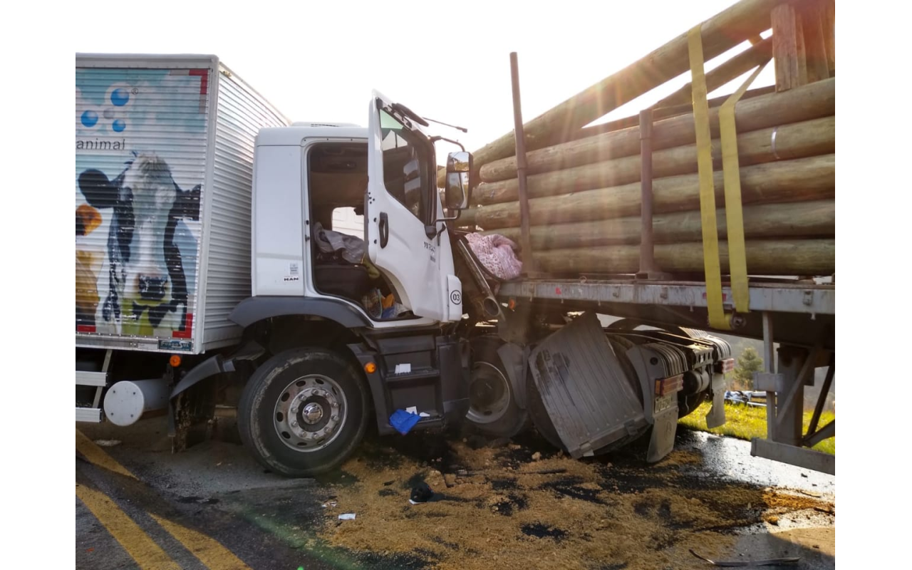 Dois caminhões de empresa madeireira de Aurora se envolvem em acidente na BR-282 em Bom Retiro