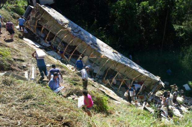 Carreta que transportava frango capota na BR-470 e moradores saqueiam carga em Rodeio