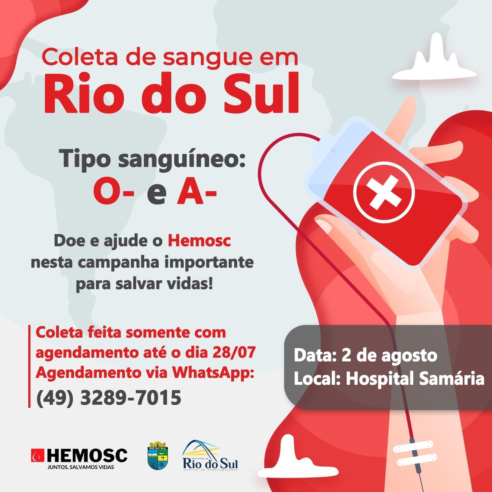 Hemosc pede doações de sangue dos tipos O negativo e A negativo em Rio do Sul