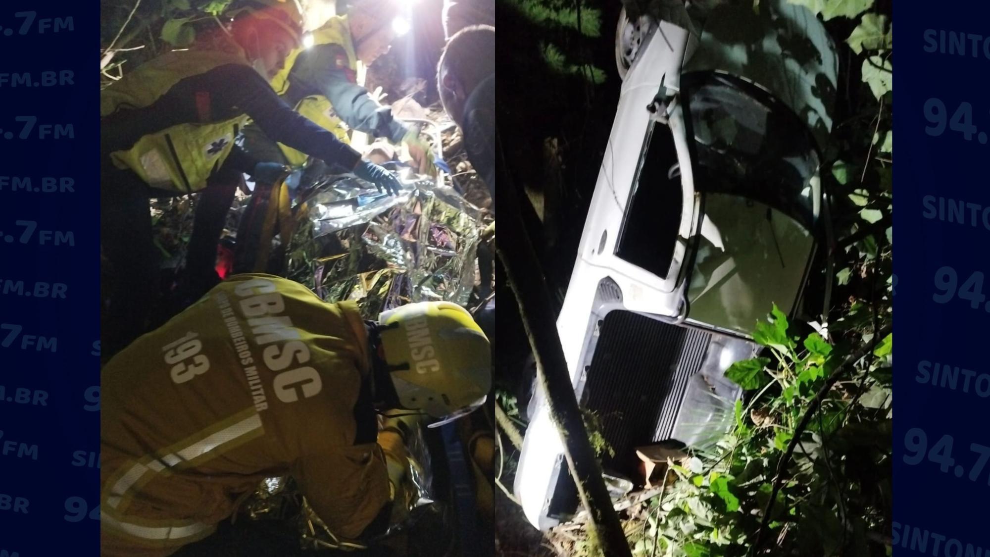 Idoso fica ferido após carro cair em ribanceira de 15 metros em Rio do Sul