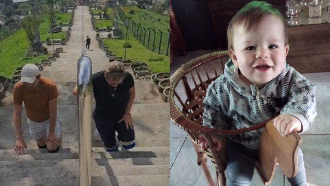 Irmãos pagam promessa de joelhos na escadaria da Santa pelo nascimento de sobrinho