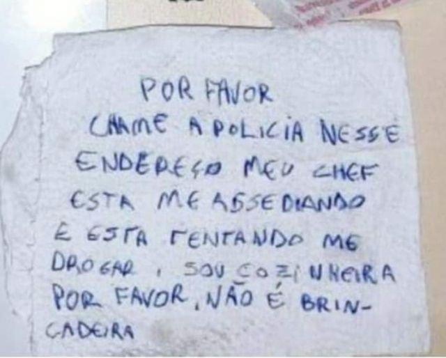Jovem pede socorro em guardanapo após ser assediada pelo chefe em SC