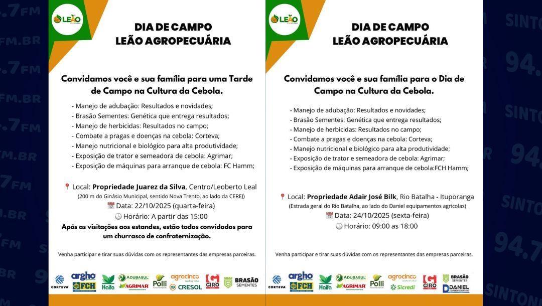 Leão Agropecuária promove Dias de Campo em Ituporanga e Leoberto Leal nesta semana