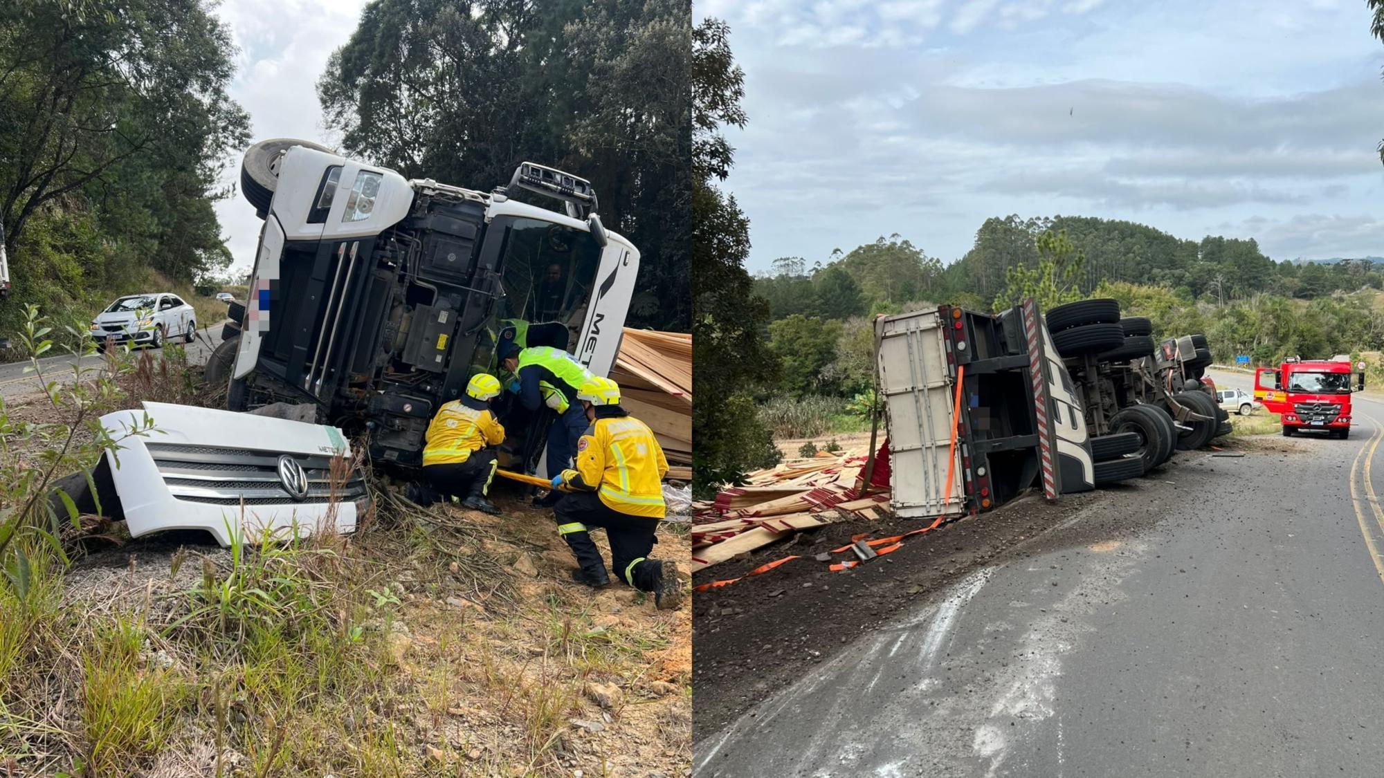 Motorista fica ferido após carreta tombar em Pouso Redondo