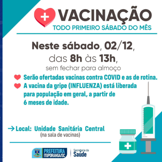 Neste sábado (02) tem vacinação na Unidade Sanitária Central de Ituporanga