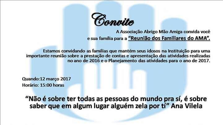 Abrigo Mão Amiga realiza neste domingo encontro com os familiares dos idosos