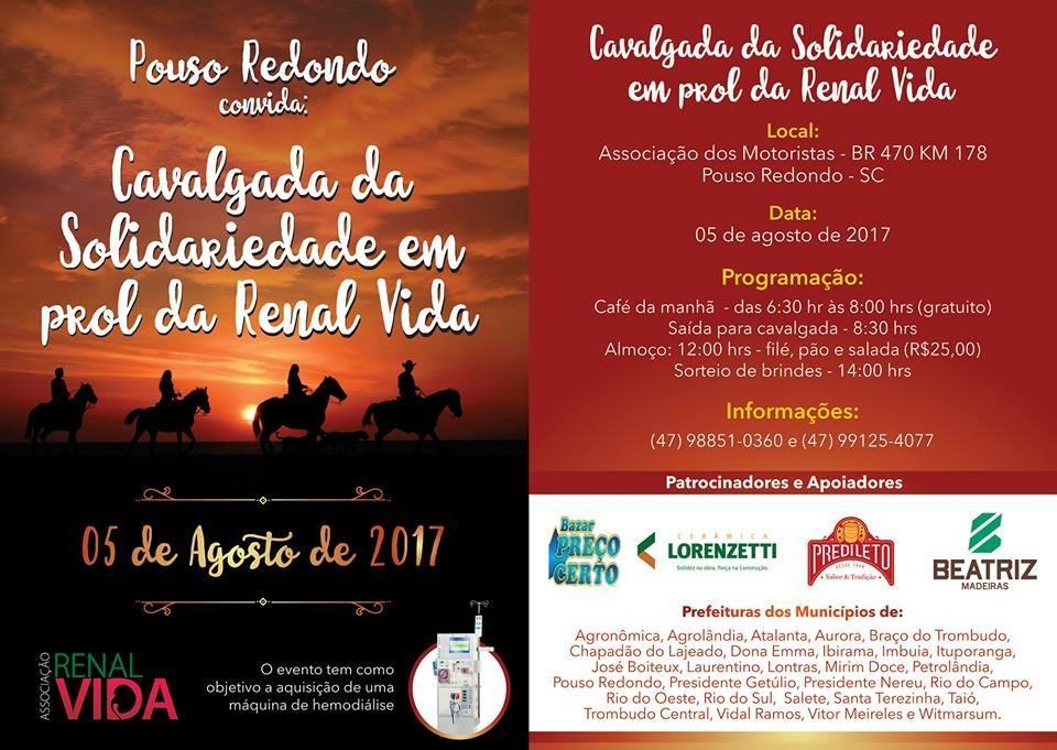 Cavalgada da Solidariedade em prol da Associação Renal Vida será realizada em Pouso Redondo
