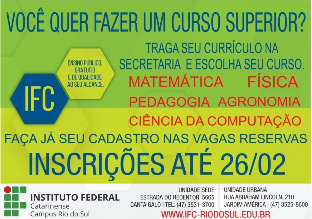 IFC de Rio do Sul encerra inscrições para vagas remanescentes nesta sexta-feira  