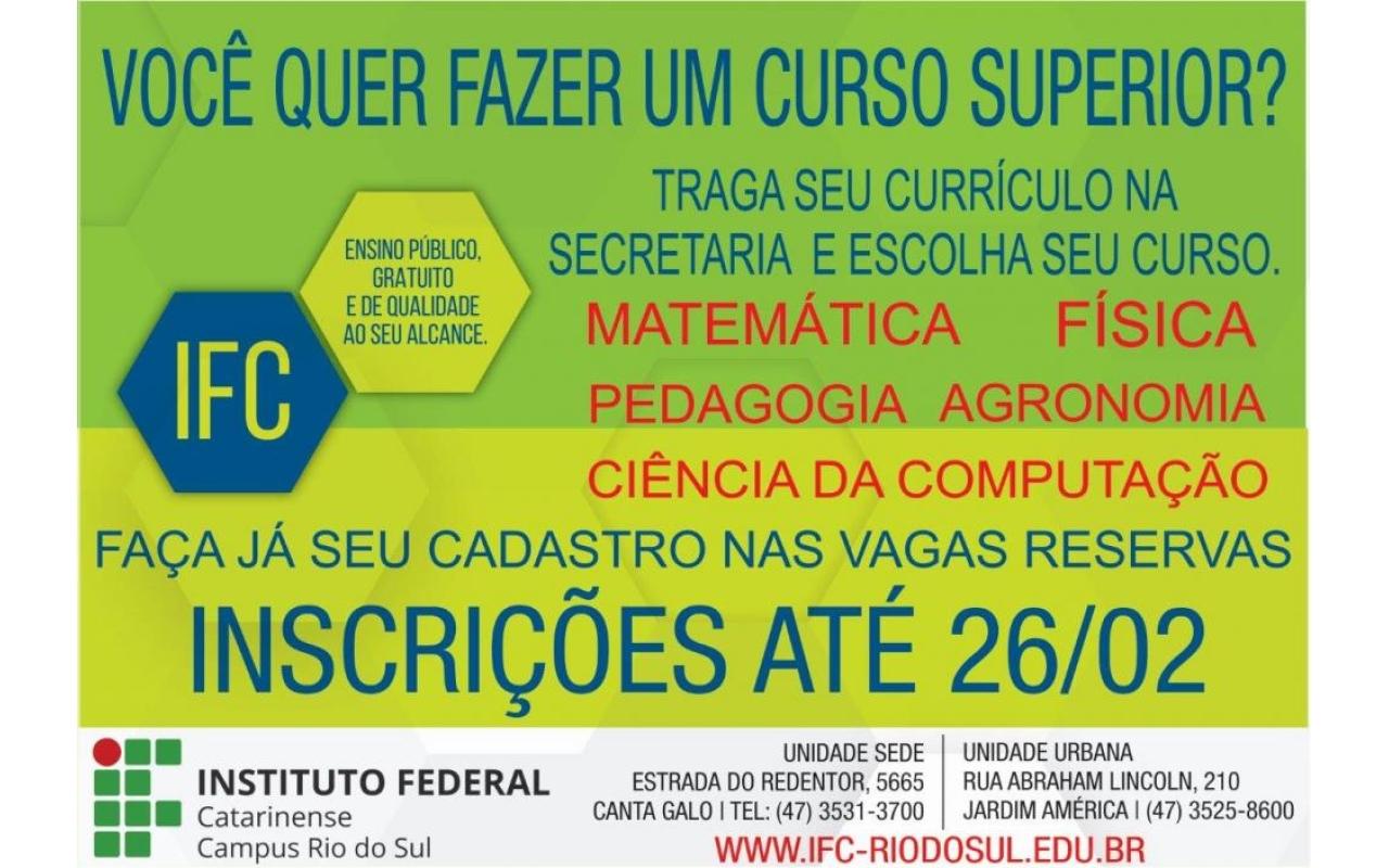 IFC de Rio do Sul encerra inscrições para vagas remanescentes nesta sexta-feira  
