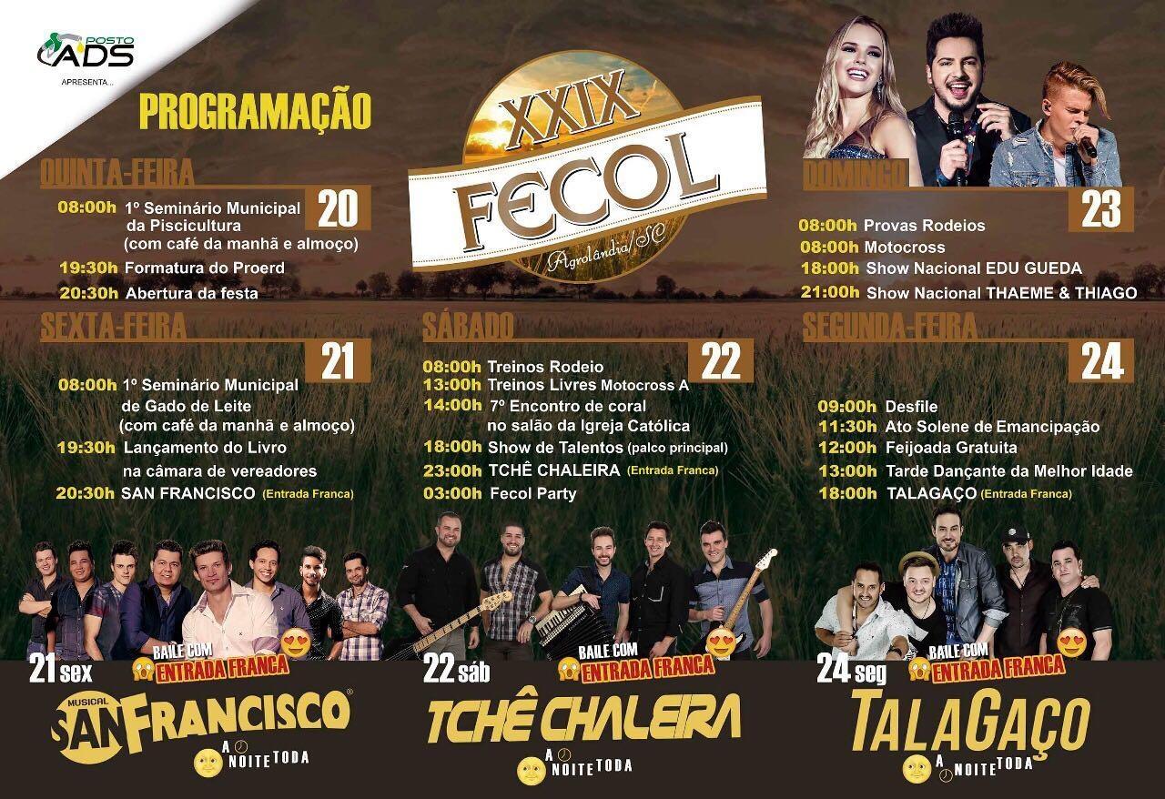 Programação completa da XXIX Festa da Colheita de Agrolândia