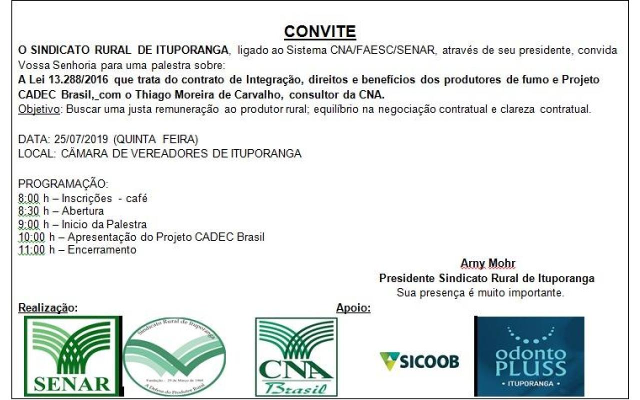 Palestra sobre direito dos fumicultores será realizada nessa semana em Ituporanga