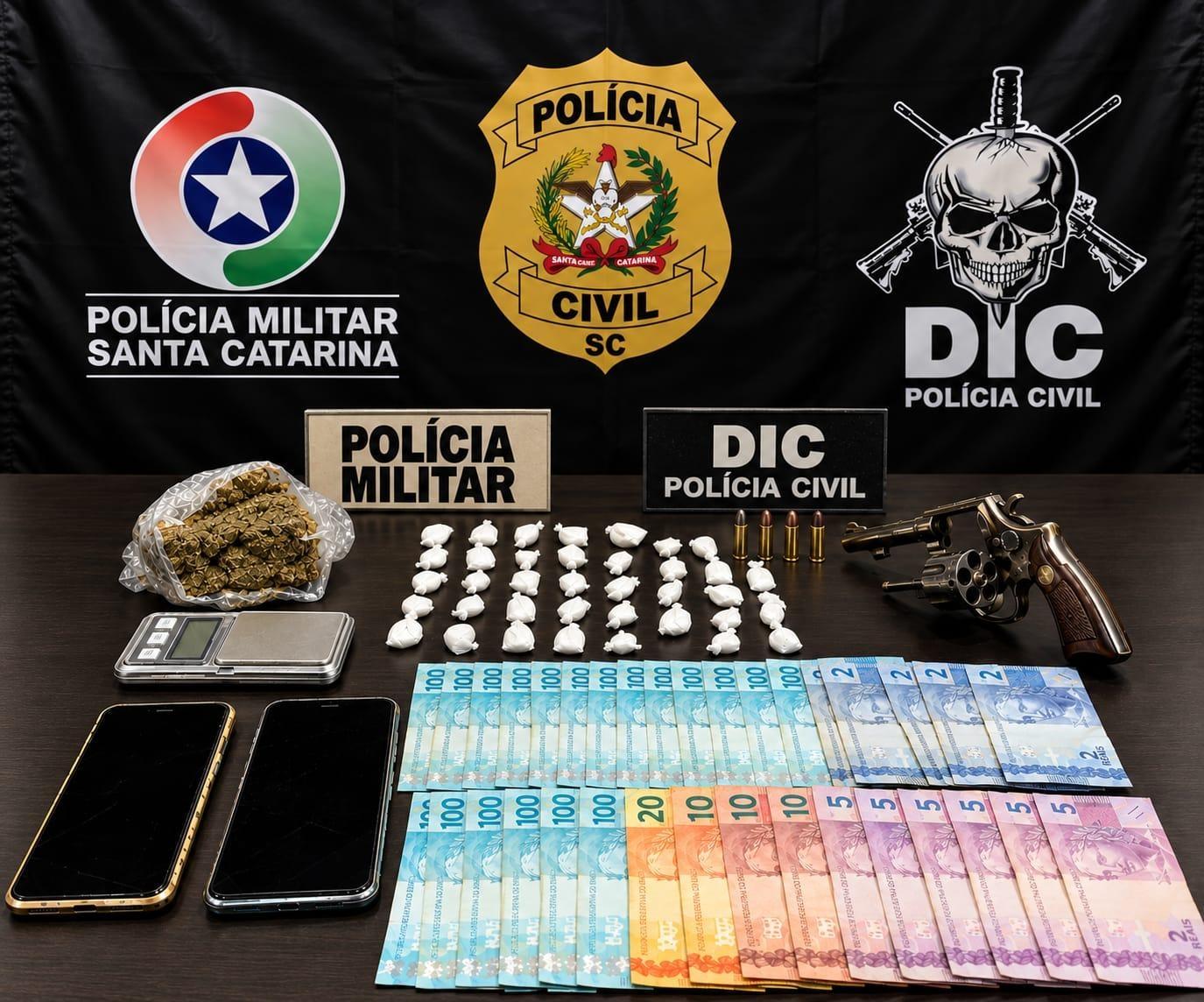 Polícias Civil e Militar prendem homem por tráfico de drogas e apreendem arma em Ituporanga