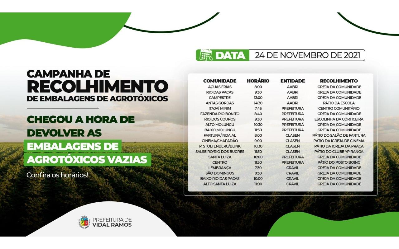 Prefeito de Vidal Ramos divulga cronograma do recolhimento de embalagens vazias de agrotóxicos