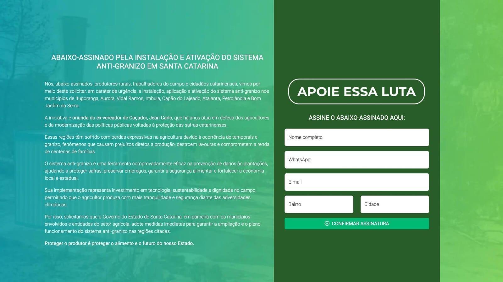 Produtores e entidades lançam abaixo-assinado para cobrar implantação do sistema antigranizo na região
