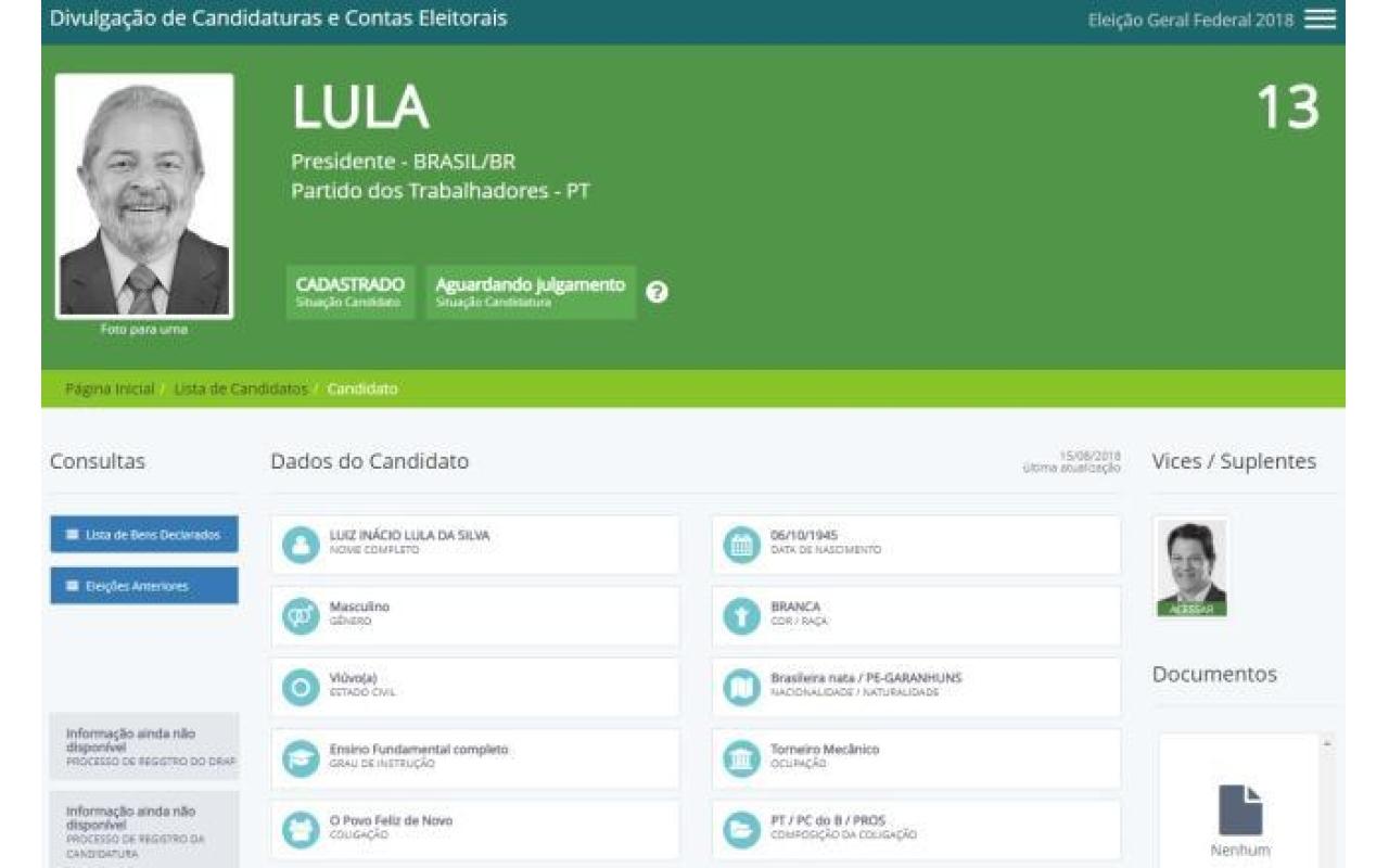 PT registra candidatura de Lula e tem até 17 de setembro para trocar candidato