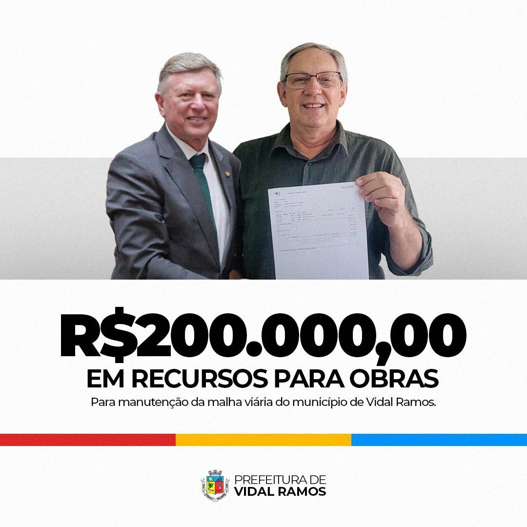 Recursos de R$ 200 mil serão usados para melhorar a malha viária do município de Vidal Ramos