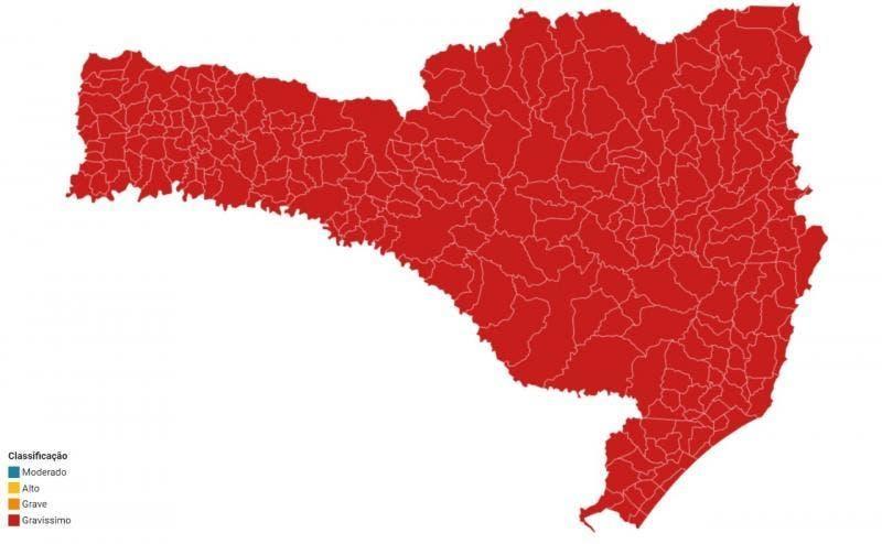 SC tem todas as regiões com risco gravíssimo para Covid-19 pela quinta semana consecutiva. Alto Vale é a região considerada mais grave no estado.