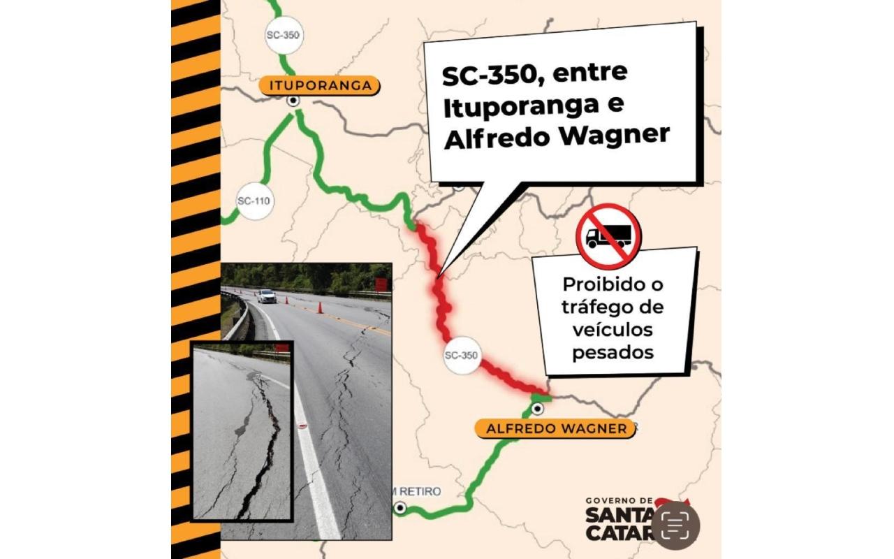 Tráfego de veículos pesados está proibido na SC-350, entre Ituporanga e Alfredo Wagner; veículos leves ainda podem passar